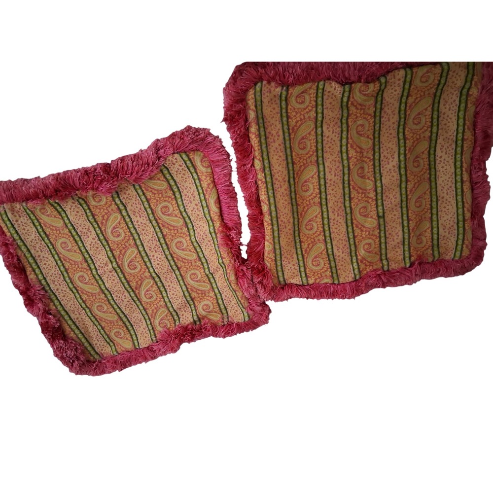 French Style Paisley Throw Pillow covers set (2) 20x18 Pink Fringe Boho Stripe